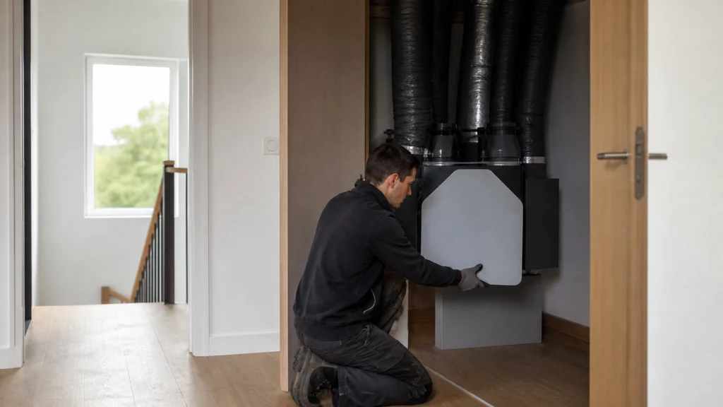 Illustration éditoriale pour l’article « Réussir à installer une vmc double flux en maison à étage »