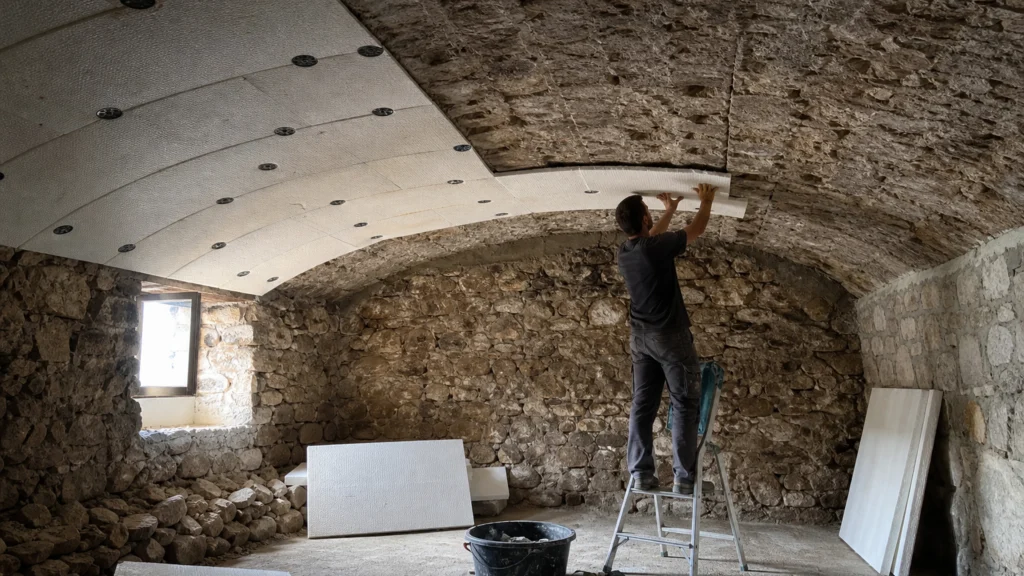 Illustration éditoriale pour l’article « Bien isoler un plafond de cave voûtée efficacement en 2026 »
