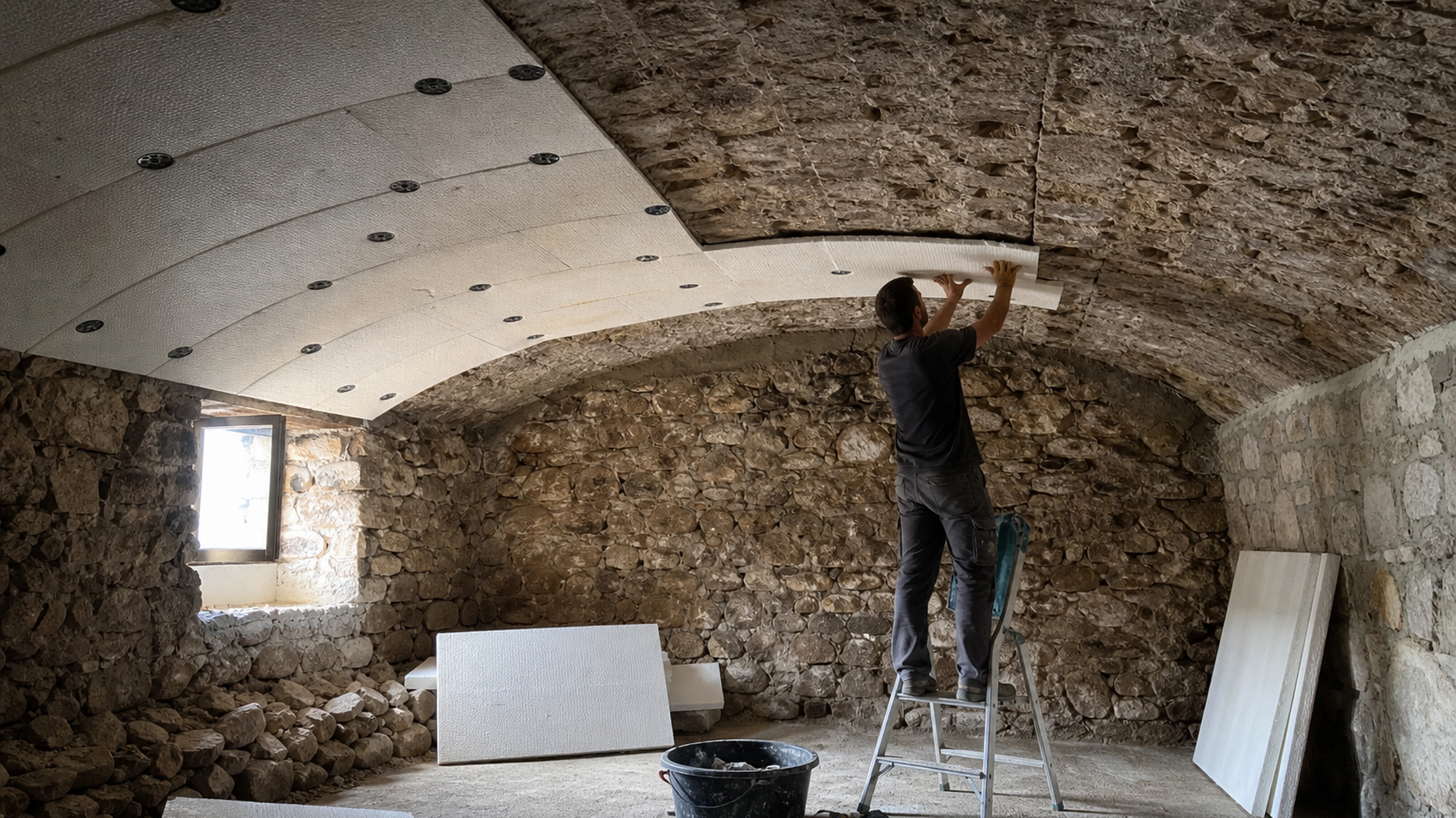Illustration éditoriale pour l’article « Bien isoler un plafond de cave voûtée efficacement en 2026 »