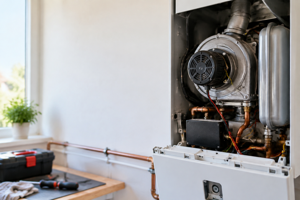 Chaudière murale ouverte montrant son ventilateur et ses composants internes.
