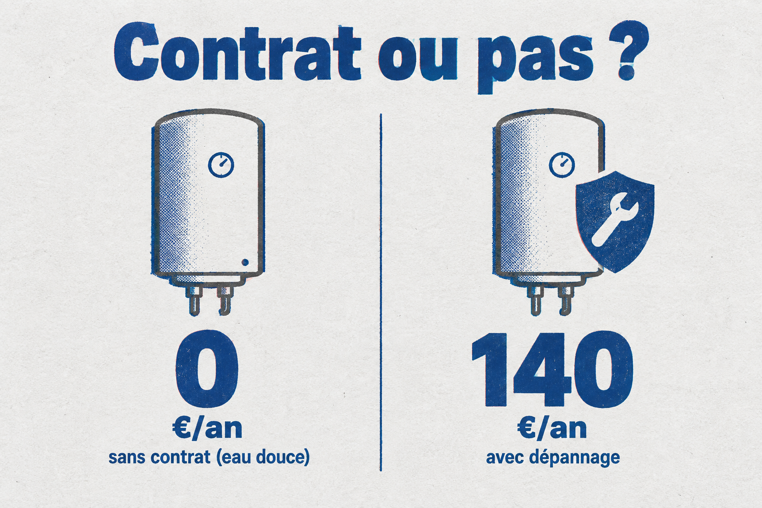 Sans contrat, un chauffe-eau en eau douce coûte 0 euro par an ; avec dépannage, le contrat revient à 140 euros par an.