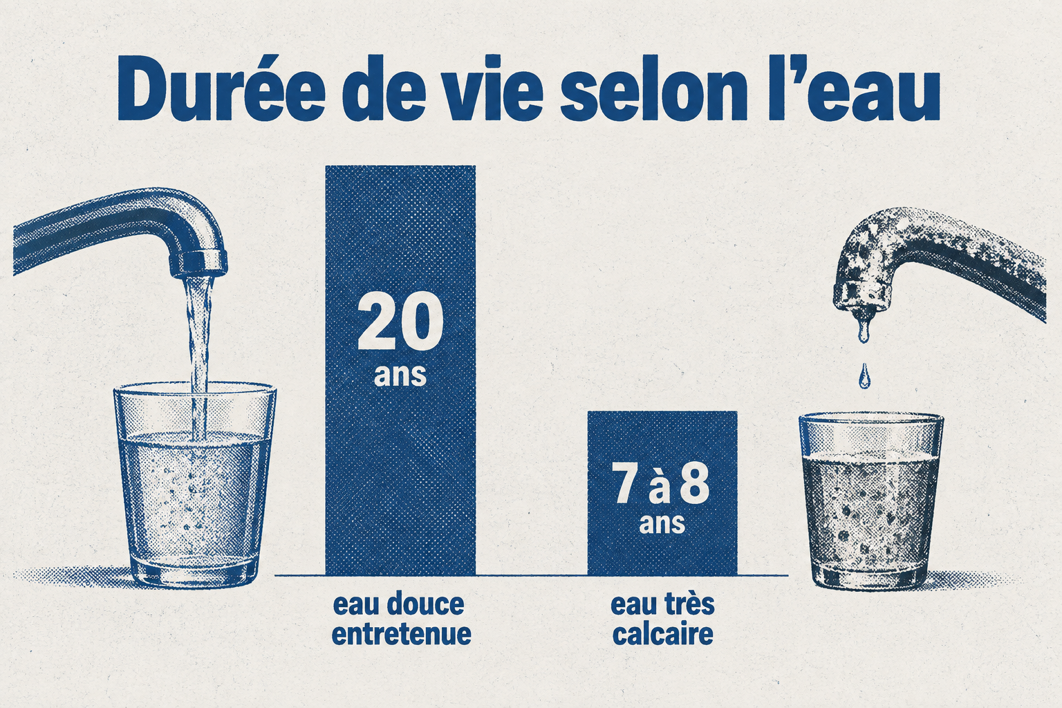 La durée de vie d'un chauffe-eau atteint 20 ans en eau douce entretenue contre 7 à 8 ans en eau très calcaire.