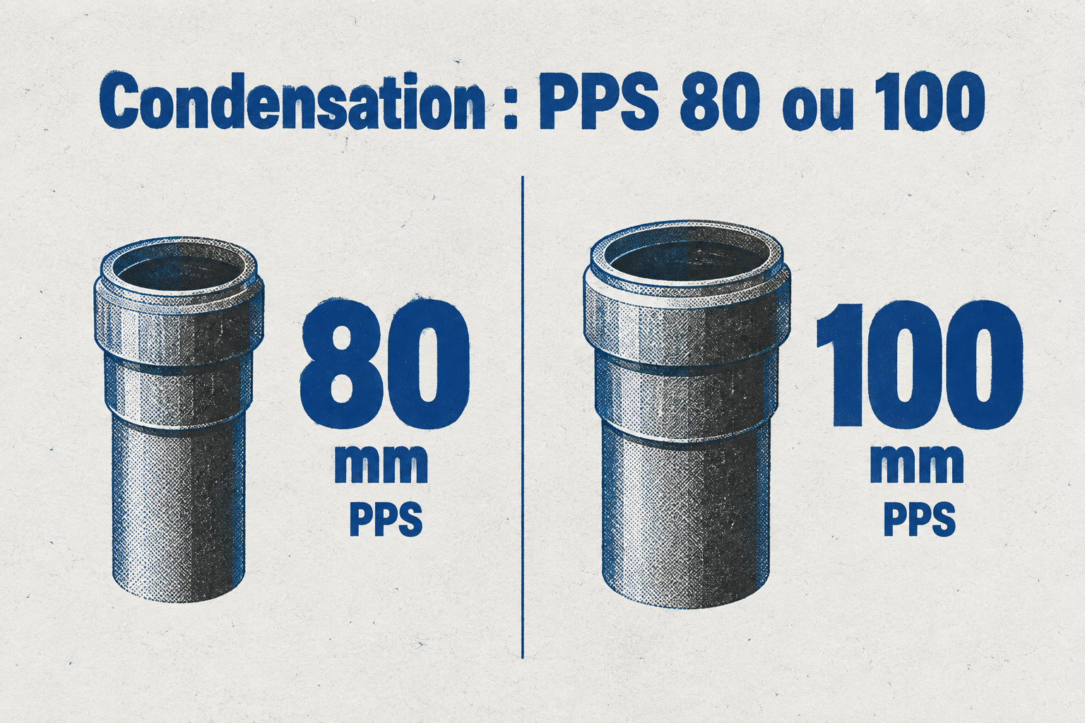 Deux blocs montrant les diamètres de tubage possibles pour une chaudière à condensation : 80 mm et 100 mm en PPS.