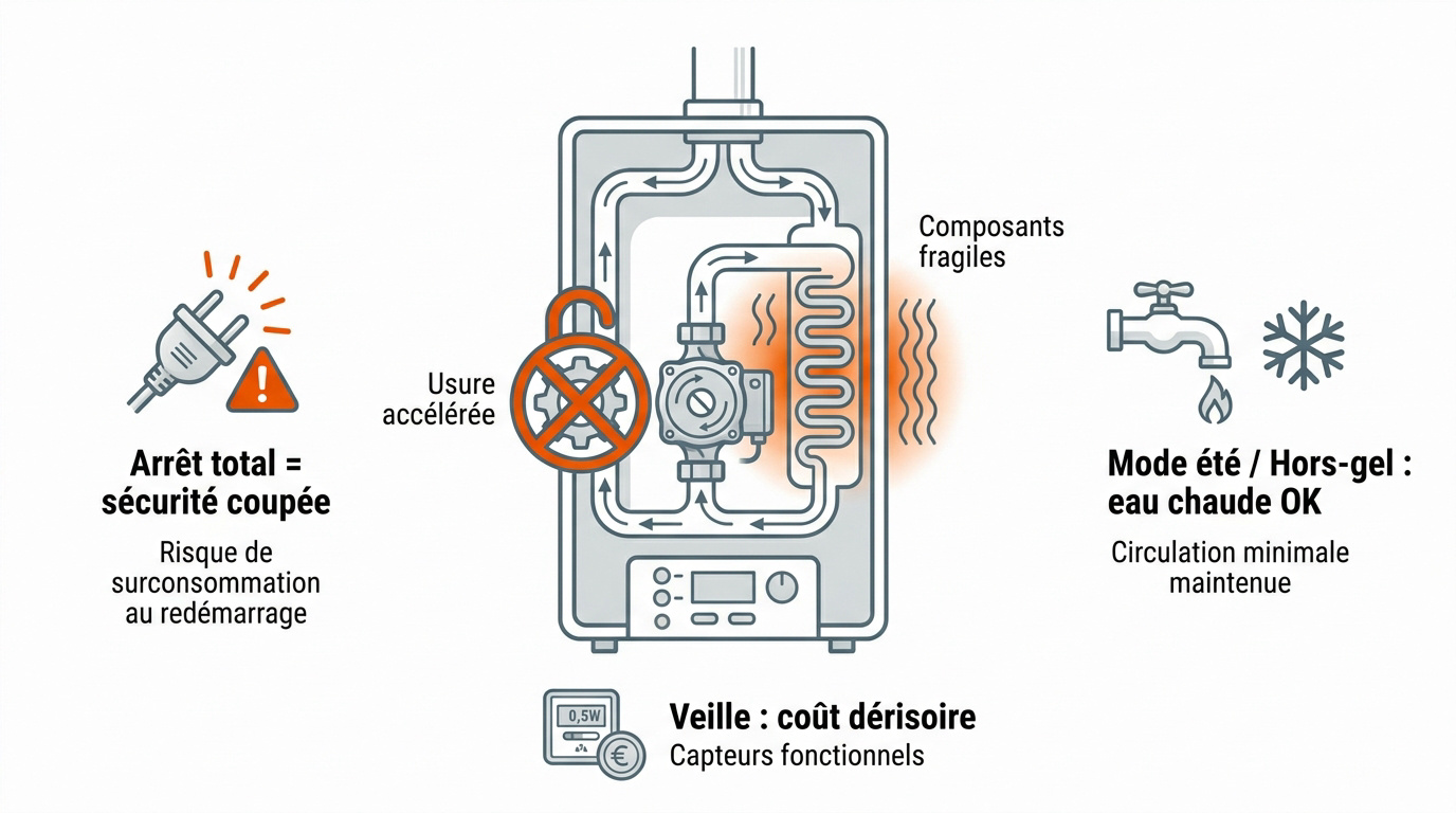 Conseils de sécurité et états de fonctionnement d'une chaudière à gaz