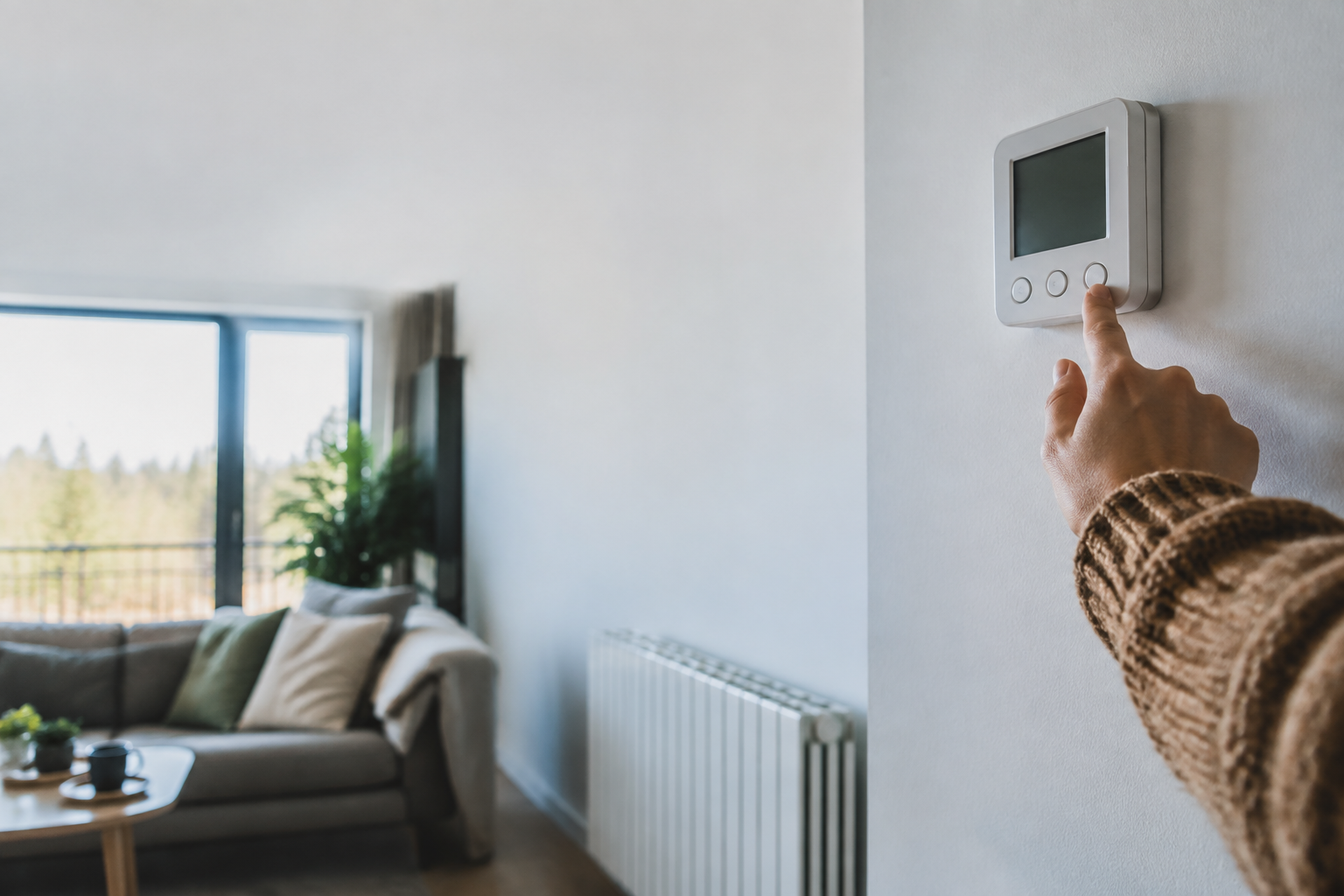 Une main règle un thermostat numérique fixé sur un mur blanc dans un salon moderne.