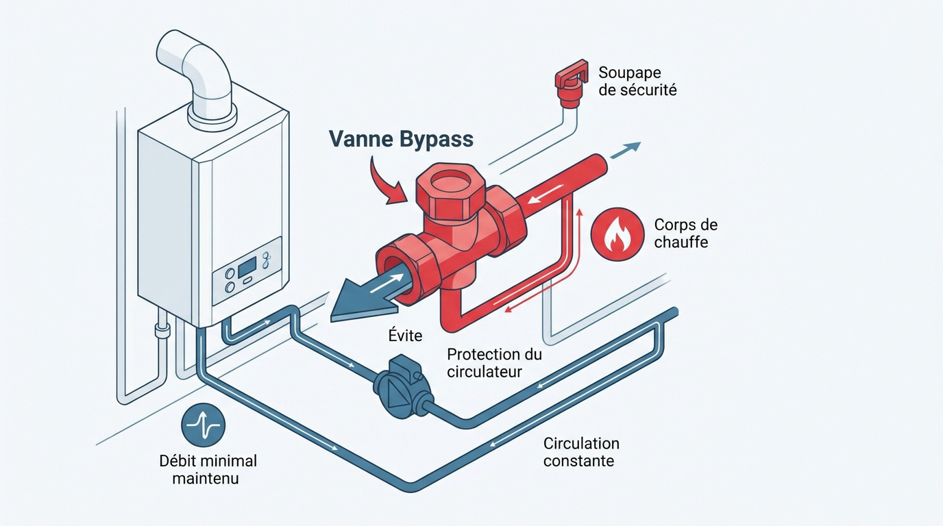 Schéma technique d'une chaudière équipée d'une vanne bypass de sécurité