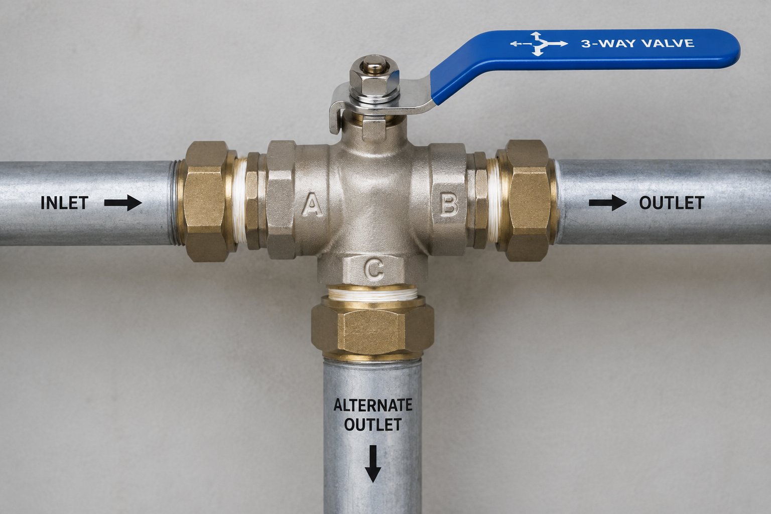 Vanne trois voies avec ses raccords et tuyaux dans une installation de chauffage