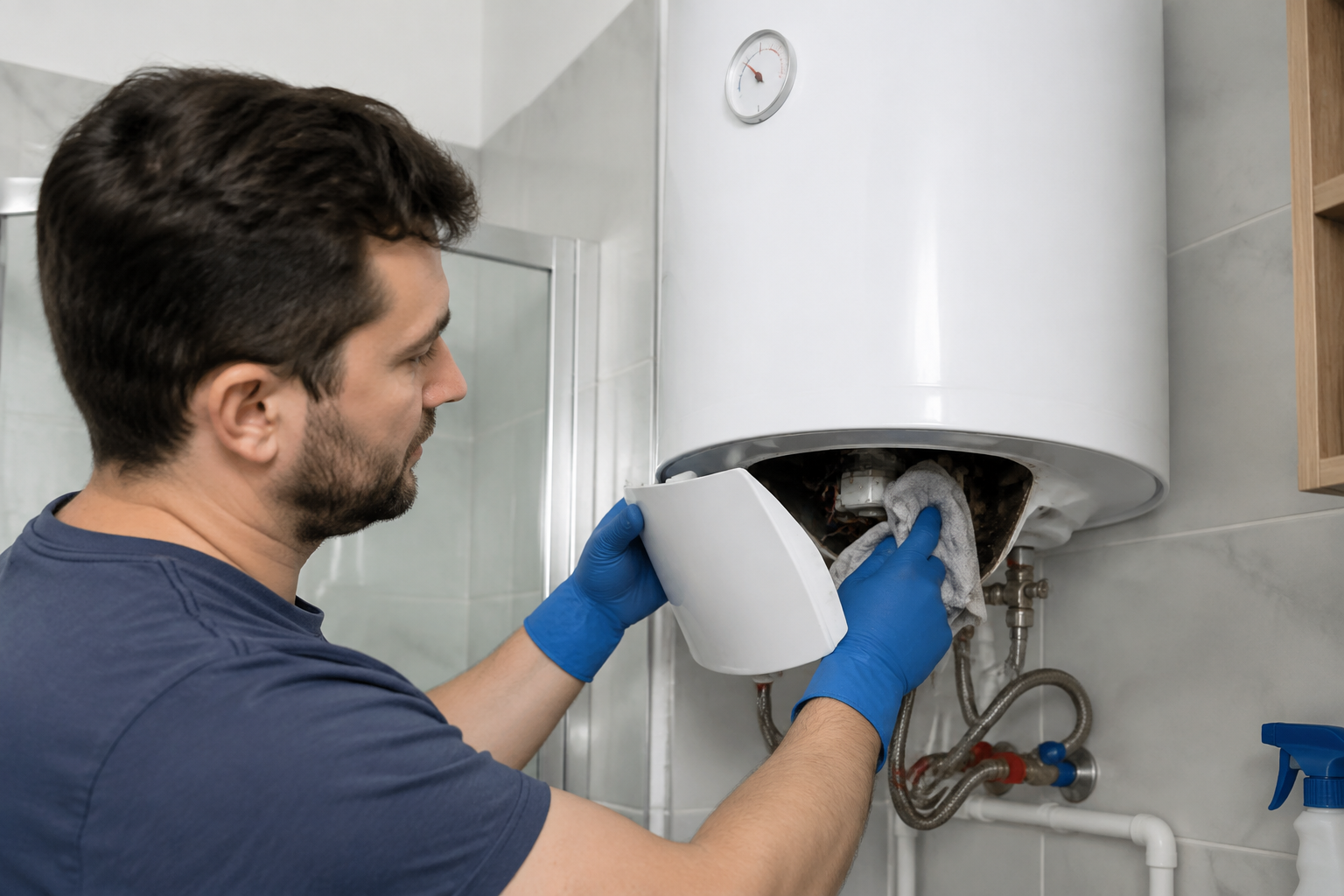 Personne effectuant le détartrage d'un chauffe-eau électrique