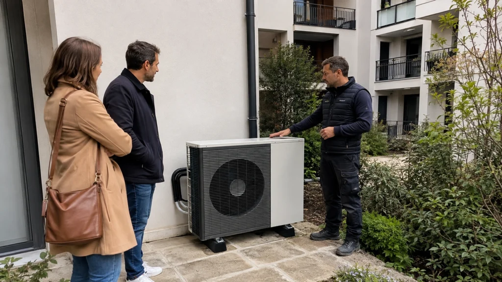 Illustration éditoriale pour l’article « Pompe à chaleur en copropriété : installation et règles »