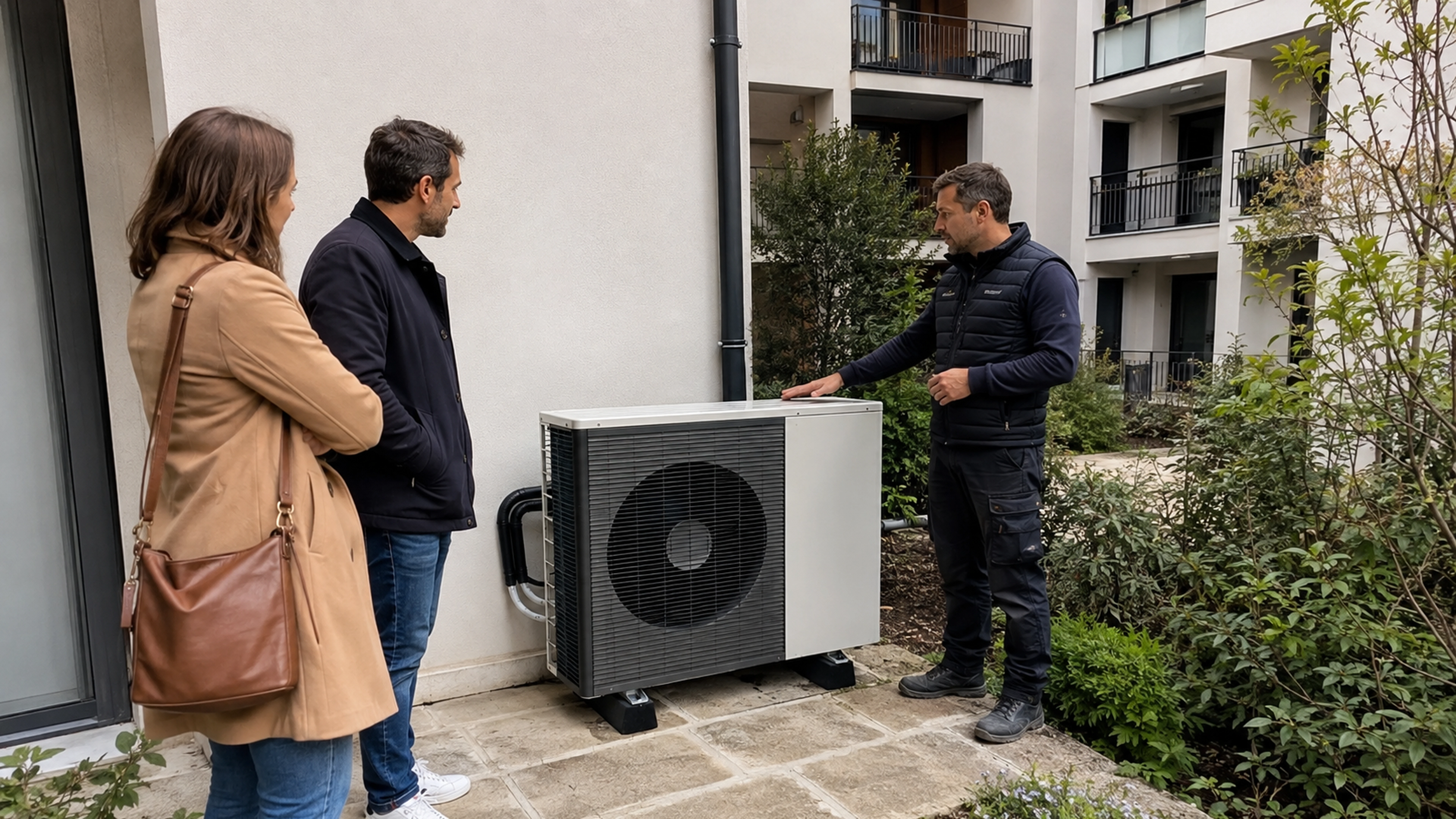 Illustration éditoriale pour l’article « Pompe à chaleur en copropriété : installation et règles »