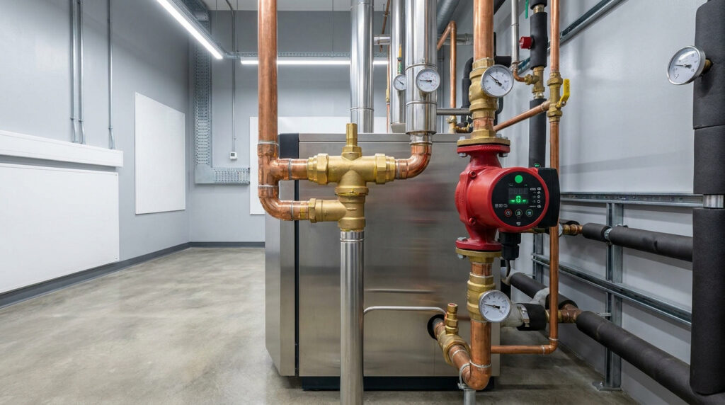 Système de chaudière industrielle avec circulateur électronique, tuyauterie en cuivre et manomètres dans un local technique.