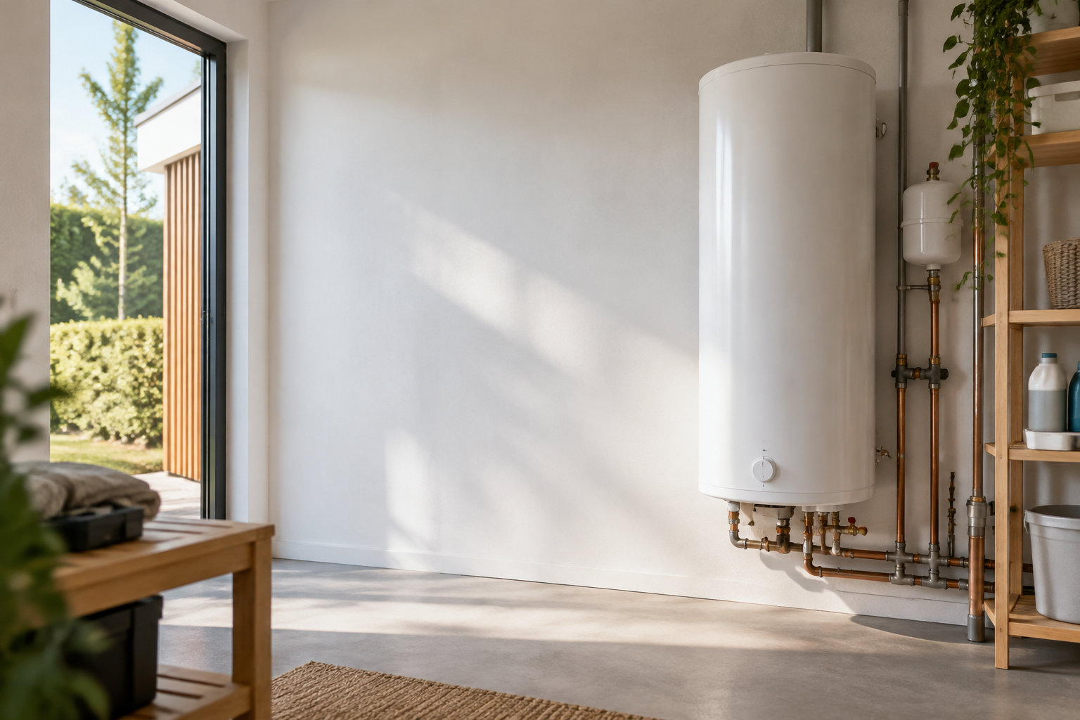 Chauffe-eau cylindrique blanc fixé au mur dans une buanderie lumineuse avec une porte-fenêtre donnant sur un jardin.