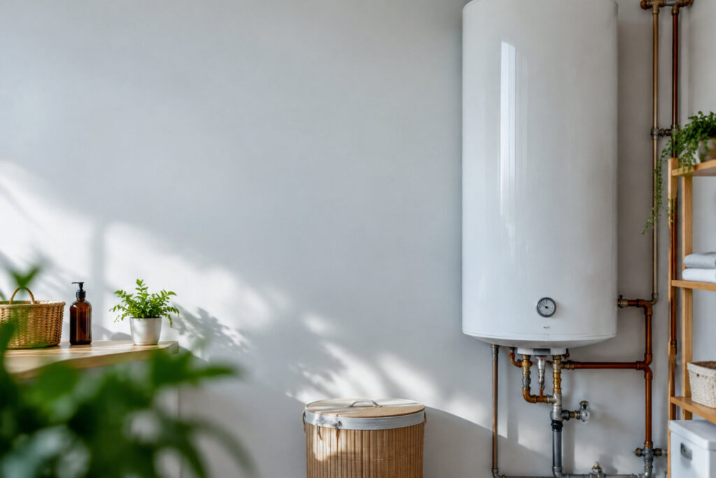 Un chauffe-eau électrique blanc fixé au mur dans une buanderie lumineuse et moderne.