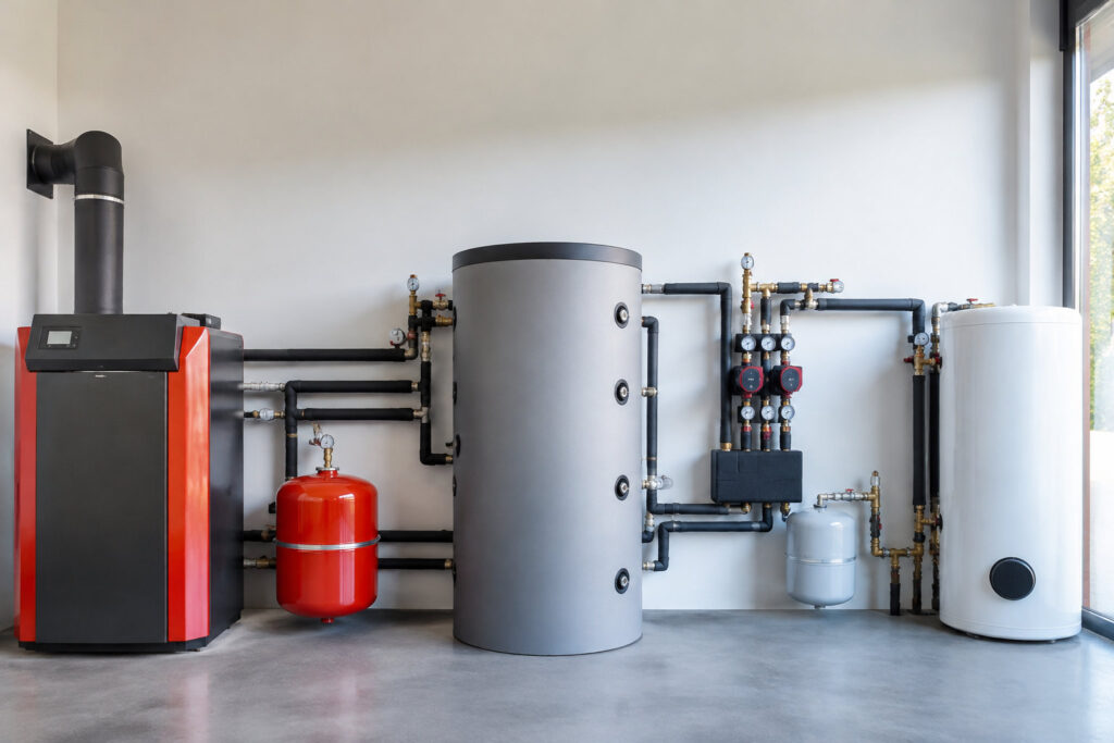 Système de chauffage moderne avec chaudière, ballon tampon gris et ballon d'eau chaude sanitaire contre un mur blanc.