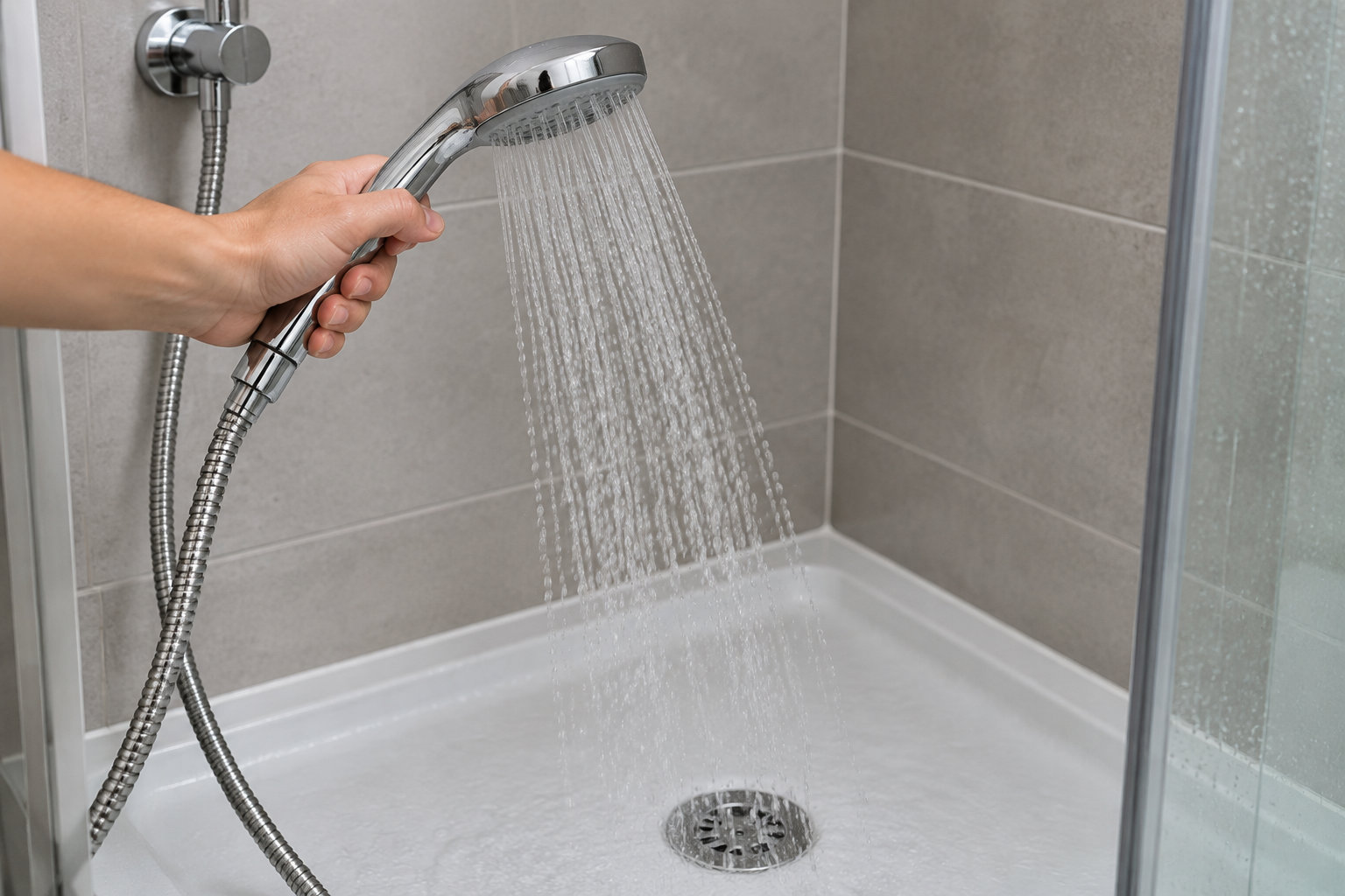 Une main tient une douchette chromée qui laisse couler l’eau dans un bac de douche carrelé.