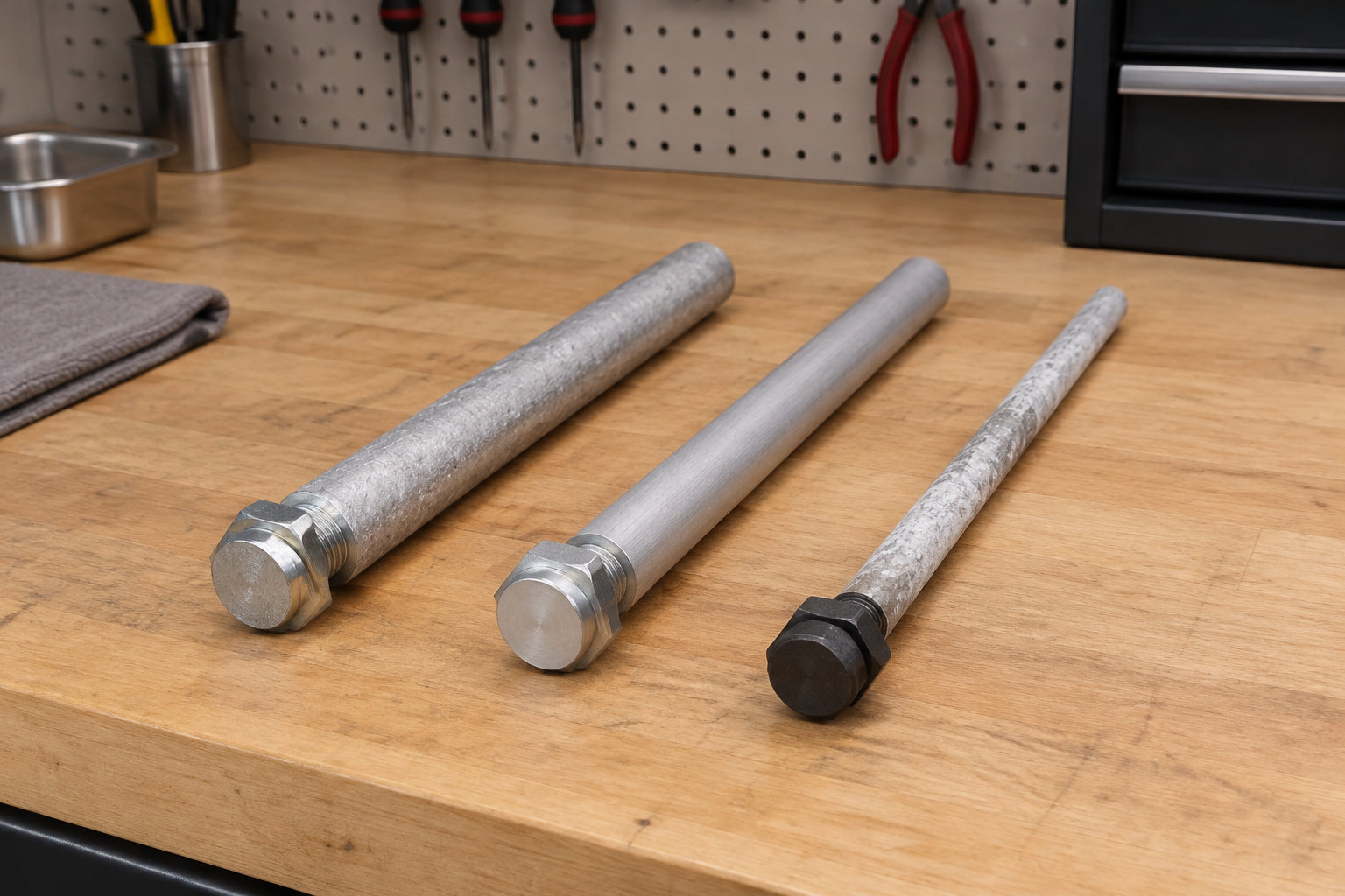 Trois longues pièces métalliques cylindriques sont posées sur un établi en bois, avec des outils suspendus au mur en arrière-plan.