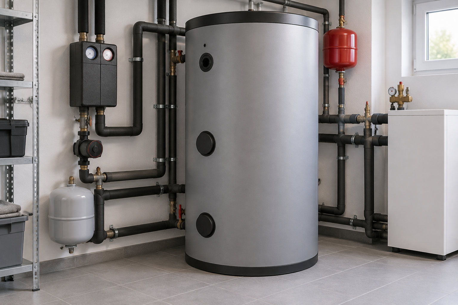 Un grand réservoir cylindrique gris est entouré de tuyaux, de manomètres et de vases d’expansion dans un local technique.