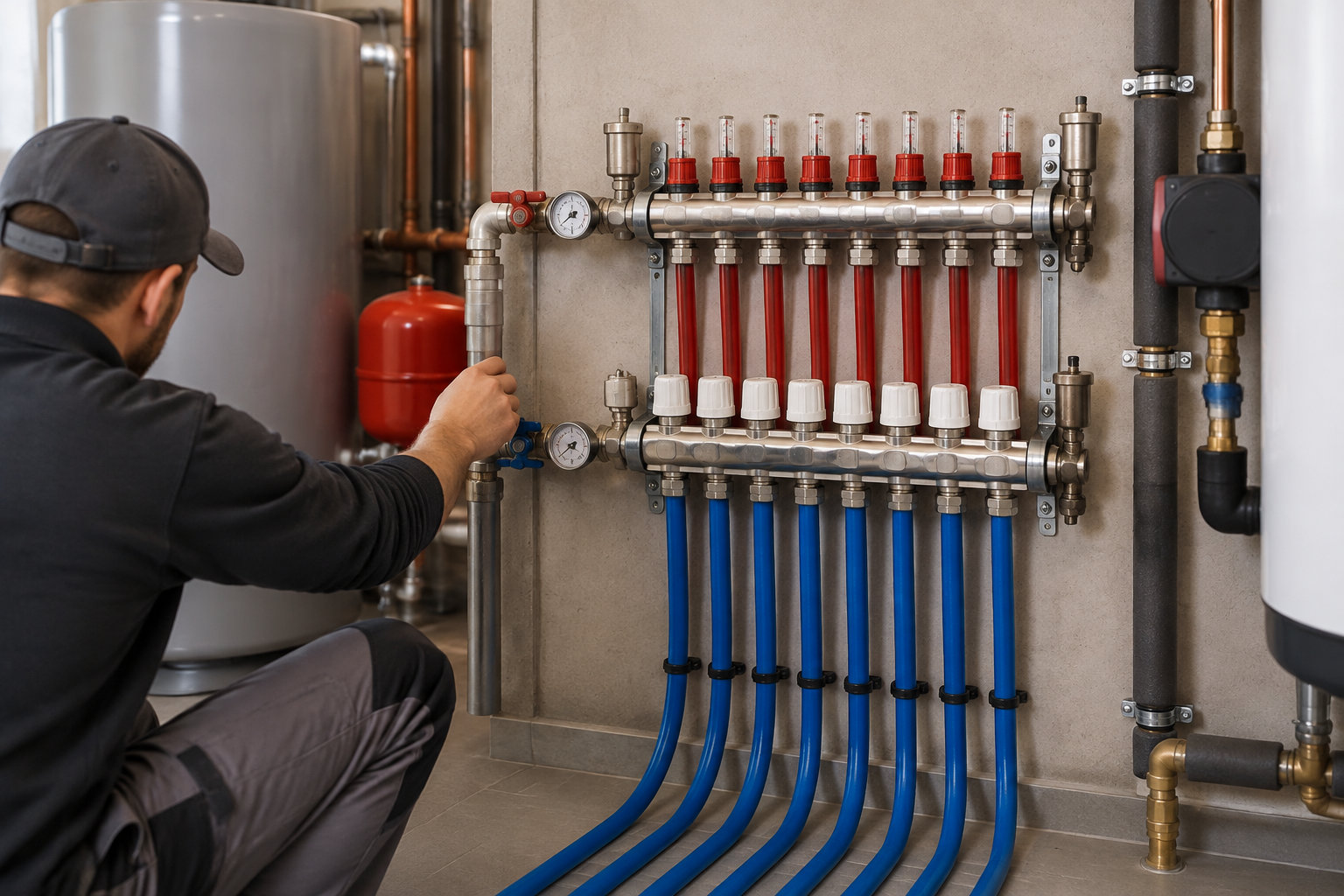 Un technicien accroupi règle un collecteur de chauffage relié à des tuyaux rouges et bleus dans une chaufferie.