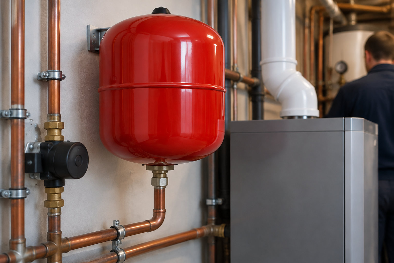 Un grand vase d’expansion rouge est raccordé à des tuyaux de cuivre près d’une chaudière grise, tandis qu’un homme se tient en arrière-plan.